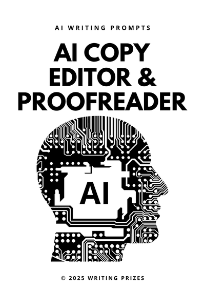 AI copy editor free — circuit board head illustration promoting free AI editing prompts from Writing Prizes