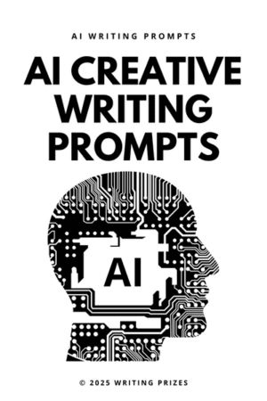 AI creative writing prompts — circuit board head illustration with Writing Prizes branding