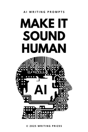 AI writing prompts to make the AI sound human — circuit board head illustration with Writing Prizes branding