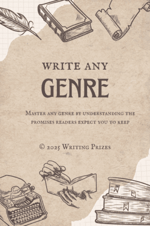 How to write genre fiction — vintage book and typewriter illustration for the Write Any Genre cheatsheet bundle from Writing Prizes