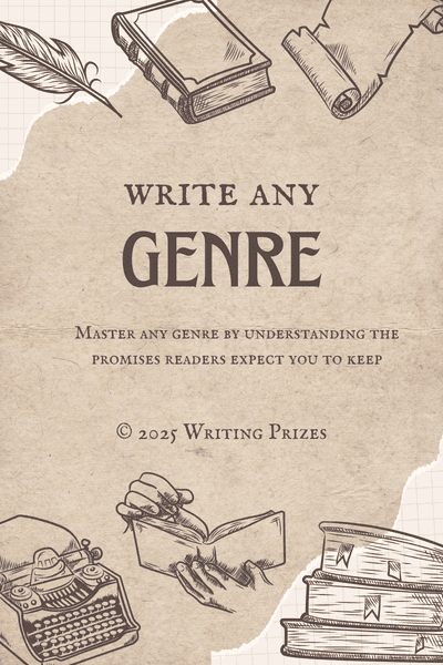 How to write genre fiction — vintage book and typewriter illustration for the Write Any Genre cheatsheet bundle from Writing Prizes