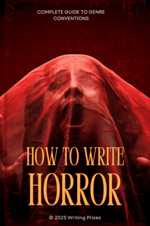 How to write horror — complete guide to genre conventions featuring a red-lit figure covering their face from Writing Prizes