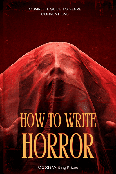 How to write horror — complete guide to genre conventions featuring a red-lit figure covering their face from Writing Prizes